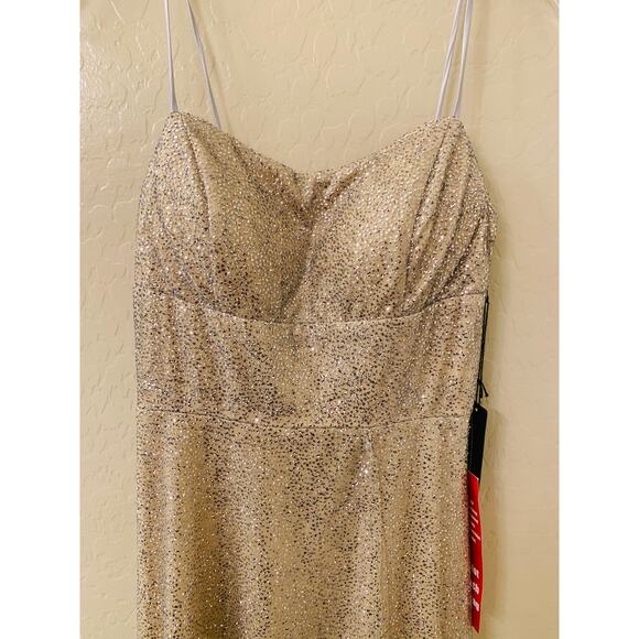 City Triangles Gold and Silver Evening Gown with Slit, Spaghetti Strap, Size 1 - Picture 9 of 14